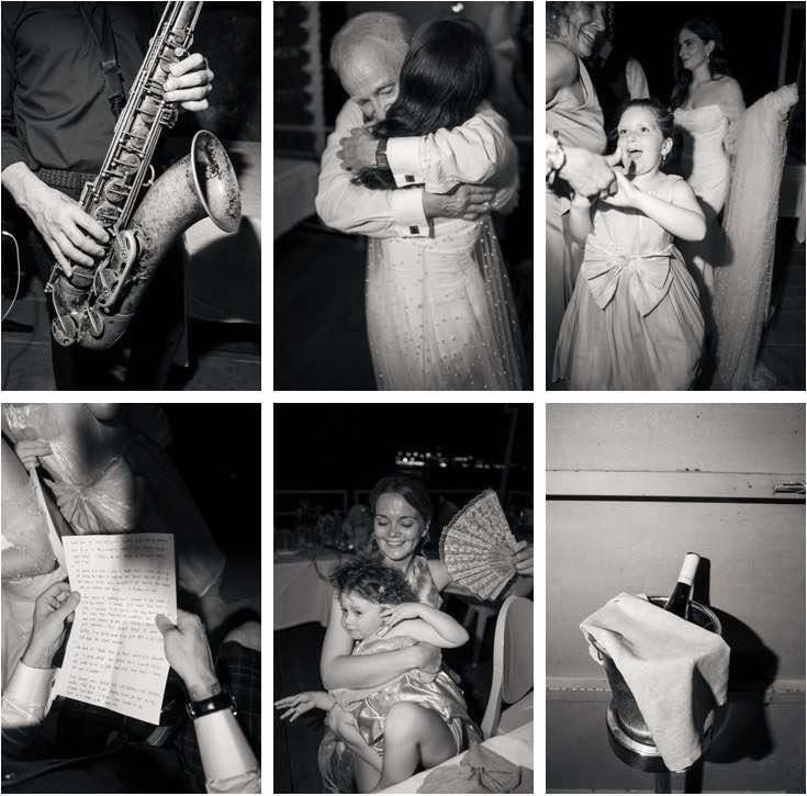 Black and white collage of candid Sicilian wedding moments — musicians, a warm embrace, dancing and celebration