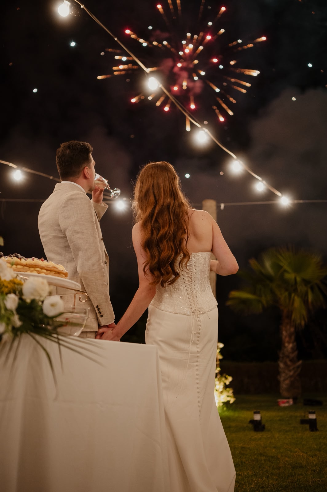 Jessica and Seb seen from behind watching fireworks light up the night sky