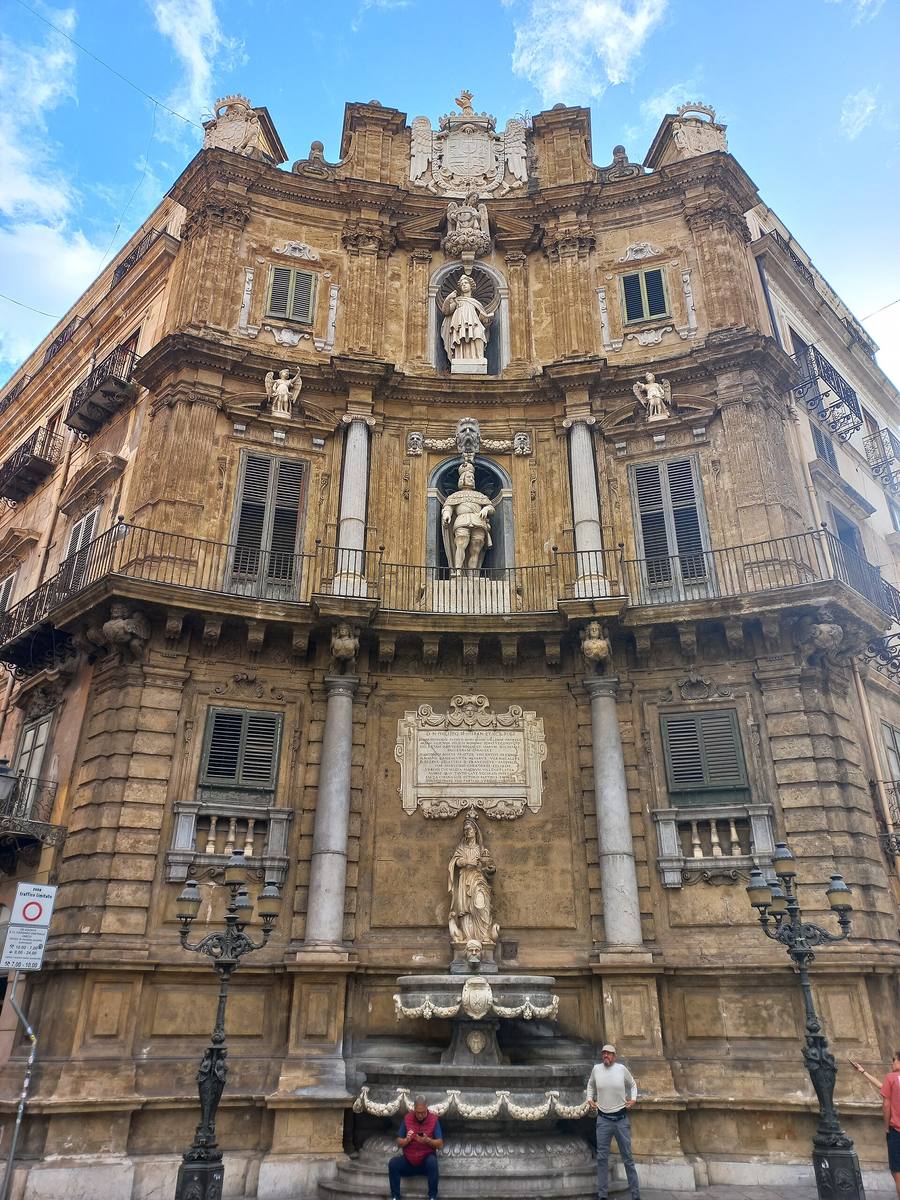 The Baroque facades and fountain of the Quattro Canti crossroads in Palermo’s old town