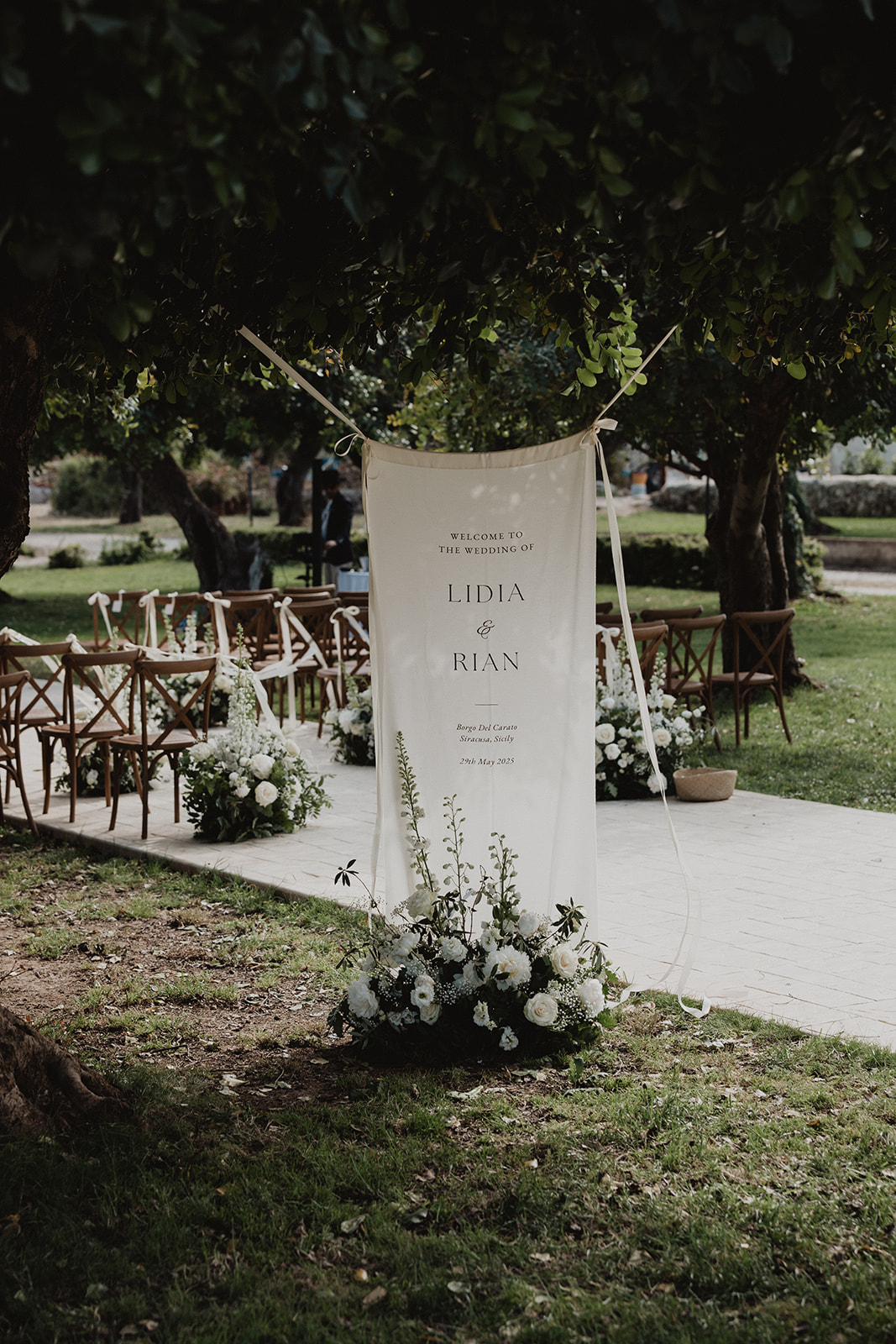 A “Welcome Lidia & Rian” banner for 29 May 2025 at Borgo del Carato