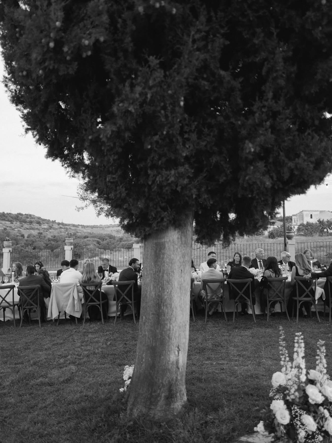 A black-and-white photo of dinner beneath a tree at Borgo del Carato