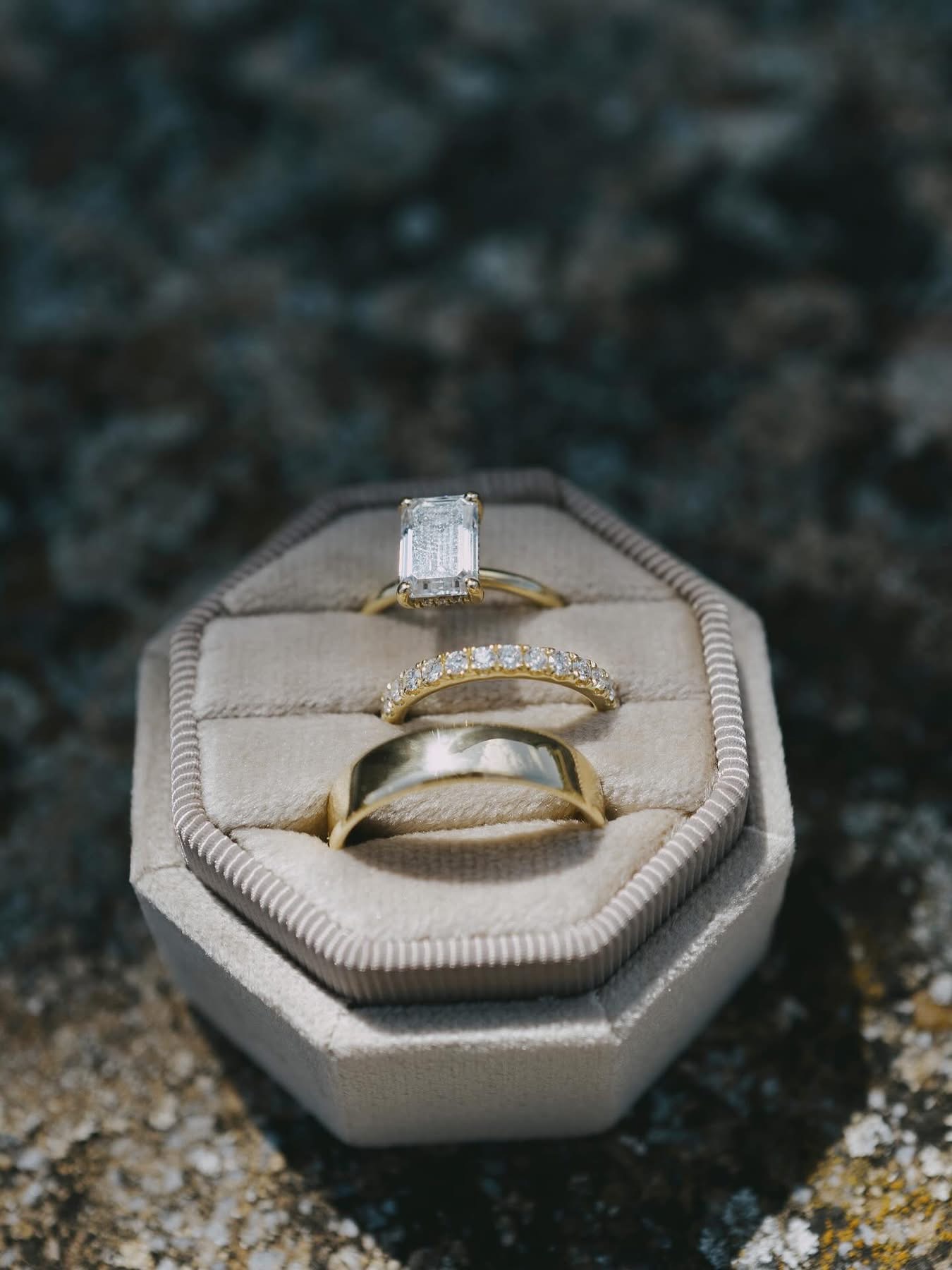 Lidia and Rian’s wedding rings resting on velvet