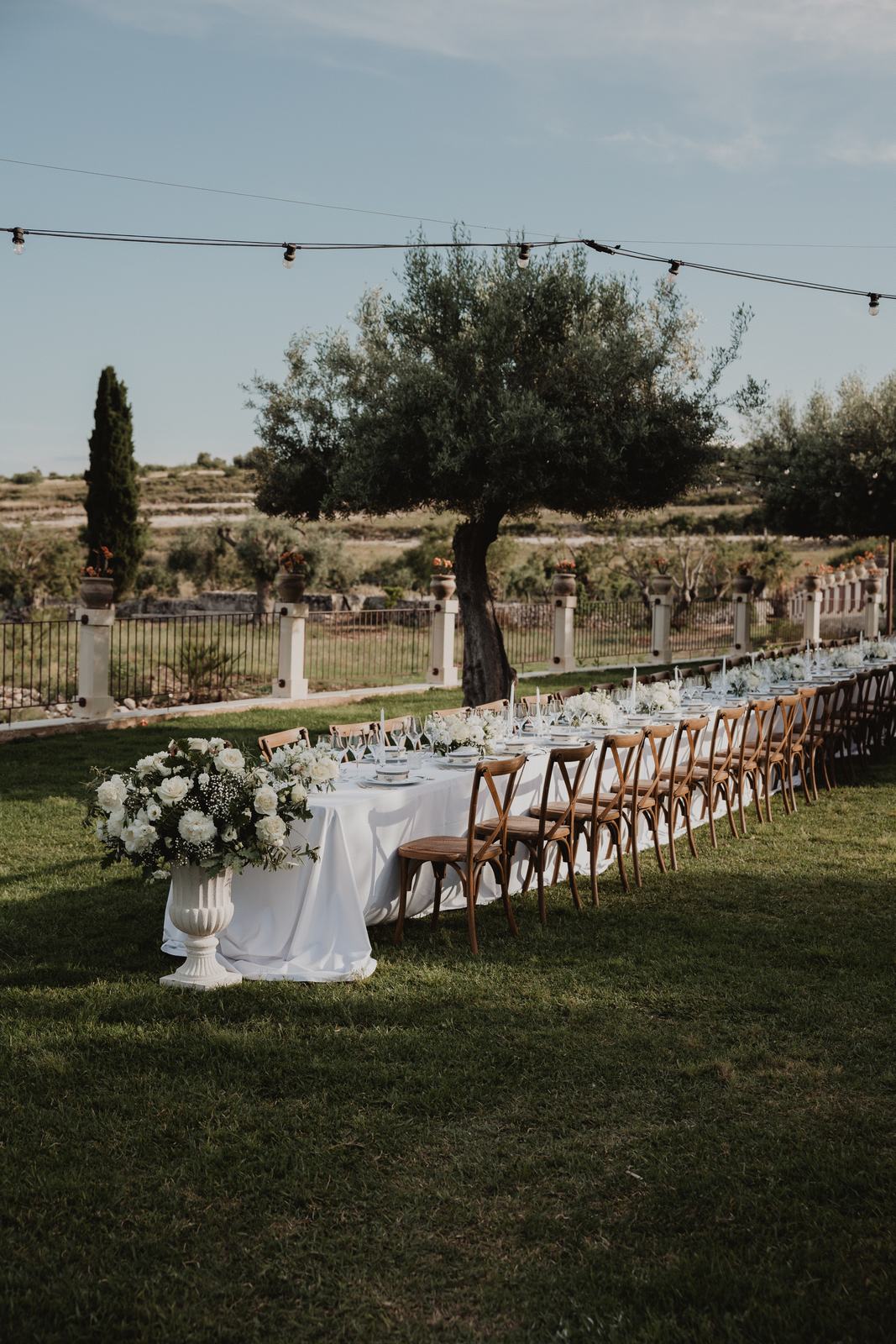 A long imperial wedding table on the lawn at Borgo del Carato, with olive trees and countryside beyond, in the Val di Noto
