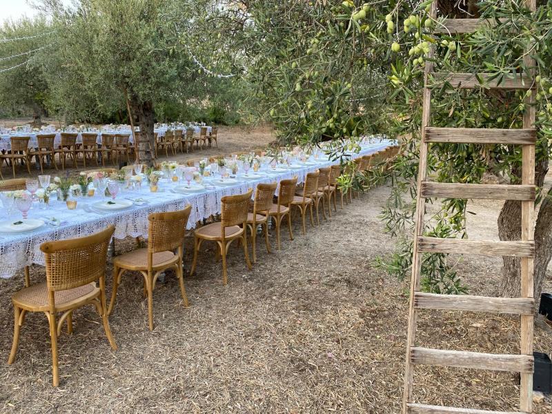 Tavolata nuziale all’aperto sotto gli ulivi de La Chiusa, matrimonio in campagna in Sicilia